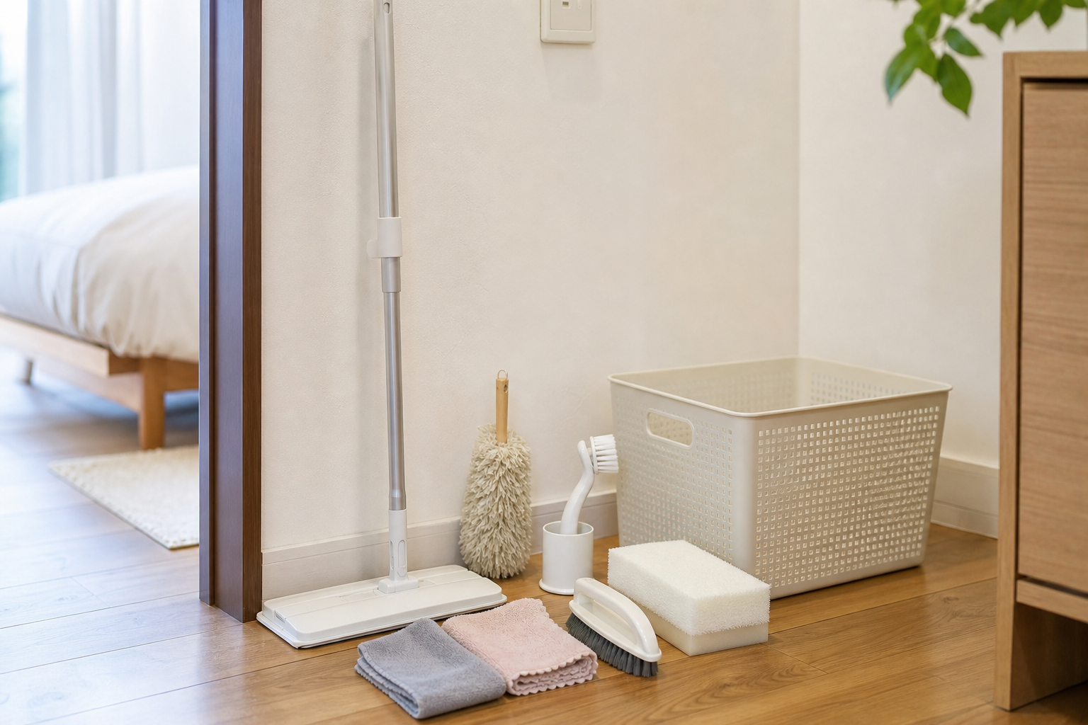 一人暮らしの部屋にフローリングワイパーと掃除ブラシを整理して置いた写真